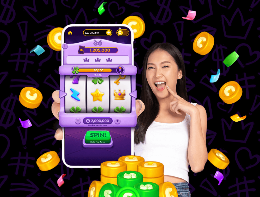 Crown Casino Slotgerät mit Coins und Spielerin